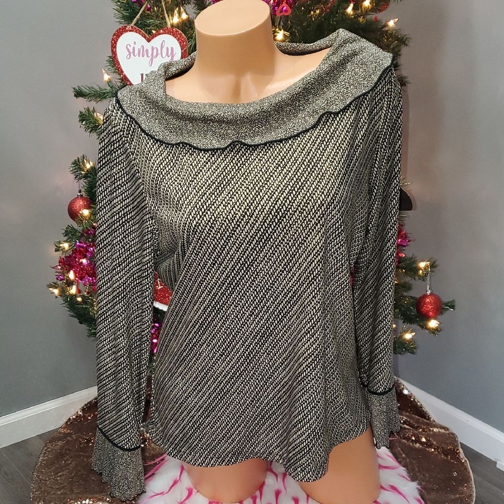 Notations Elegant Black and Silver Women's Ruffle Top Shirt Blouse